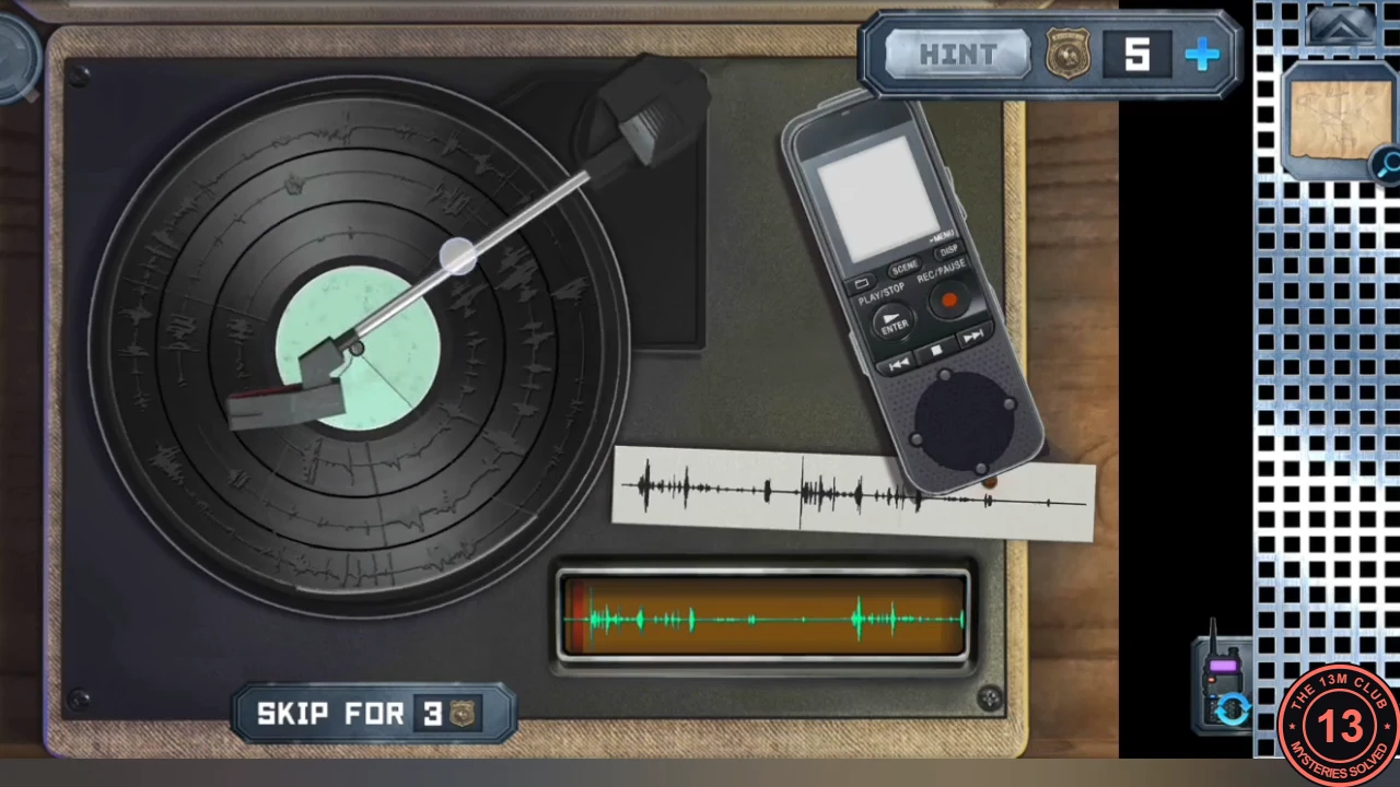 The cabin gramophone with the tone arm on an inner ring of the record, the voice recorder and the spectrogram strip beside it, and the display below showing a green waveform