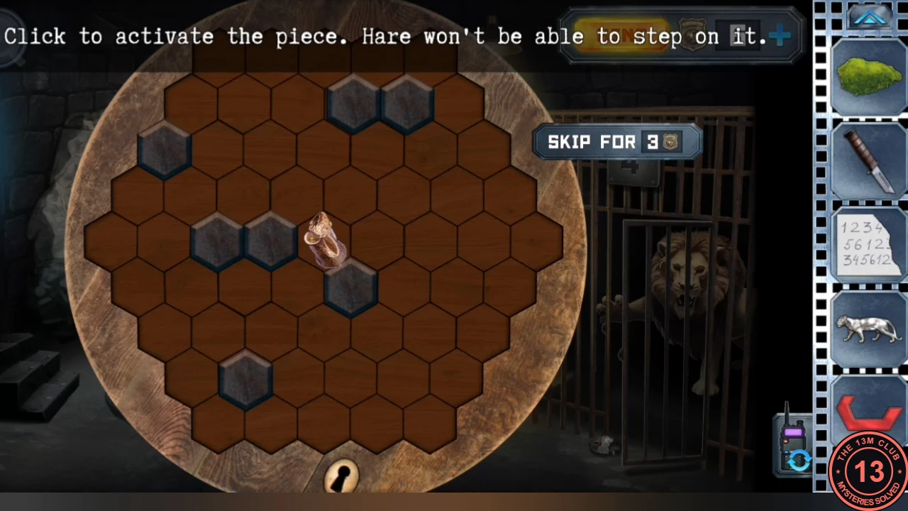 The hexagon board on the zoo's round table with the wind-up rabbit near the middle and a few grey blocked cells; instruction 'Click to activate the piece. Hare won't be able to step on it'