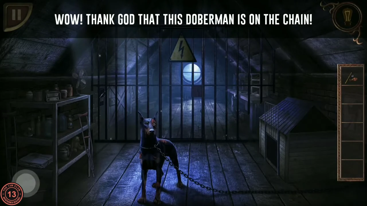 An attic with a Doberman on a chain, a kennel on the right, metal shelving on the left and a barred gate across the room.