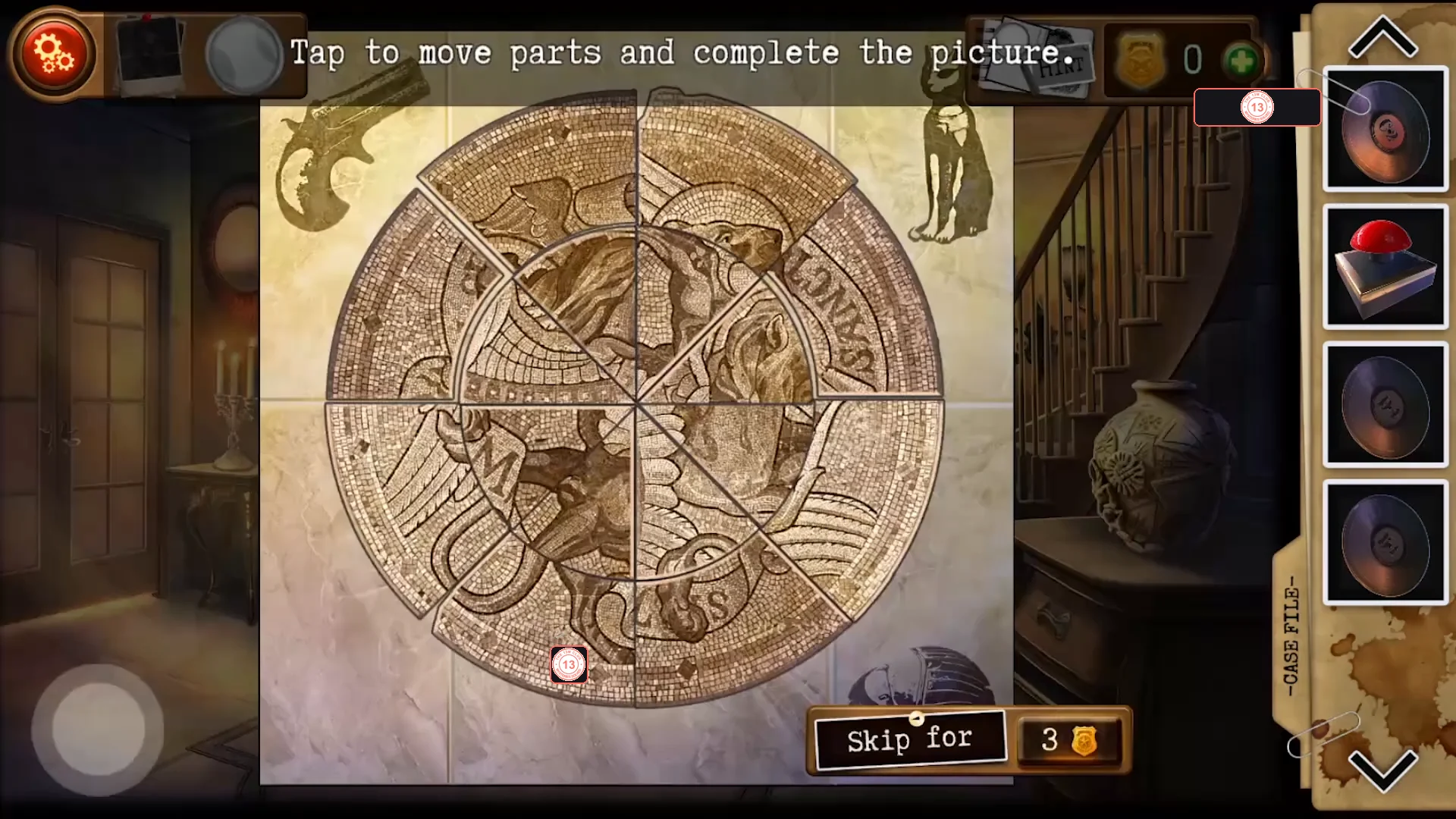 Round floor mosaic split into wedge pieces in a scrambled order, with a derringer, a cat and a scarab drawn in the corners