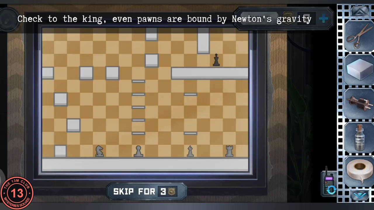 Gravity chess board with grey wall blocks and thin ledges, a black piece at the upper right on a long ledge, white knight, pawn, bishop and rook on the bottom row, and the instruction 'Check to the king, even pawns are bound by Newton's gravity'