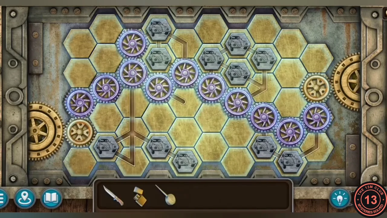 Solved gear puzzle with an unbroken chain of glowing purple gears from the left gold gear to the right gold gear