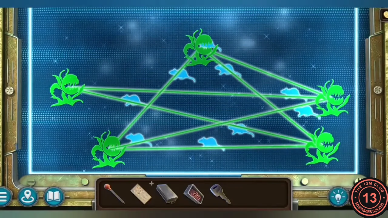Solved network puzzle with the plants spread to the edges and every mouse on a green line