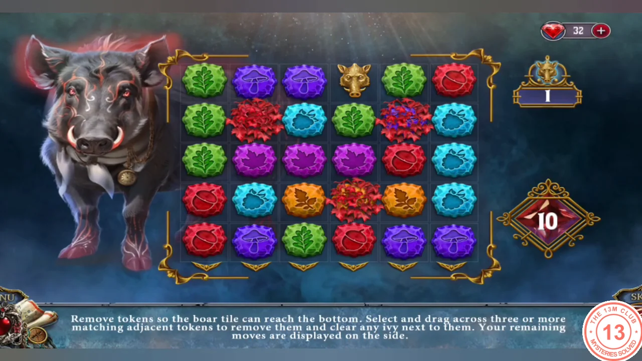 Boar token board with leaf, mushroom, acorn and berry tokens and the boar tile in the top row; 10 moves remaining