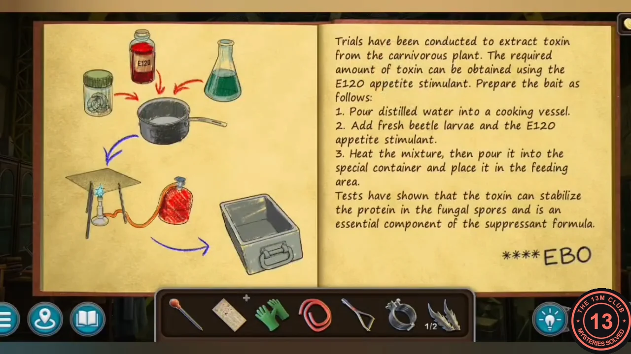 Lab recipe book page about extracting toxin from the carnivorous plant, ending with ****EBO