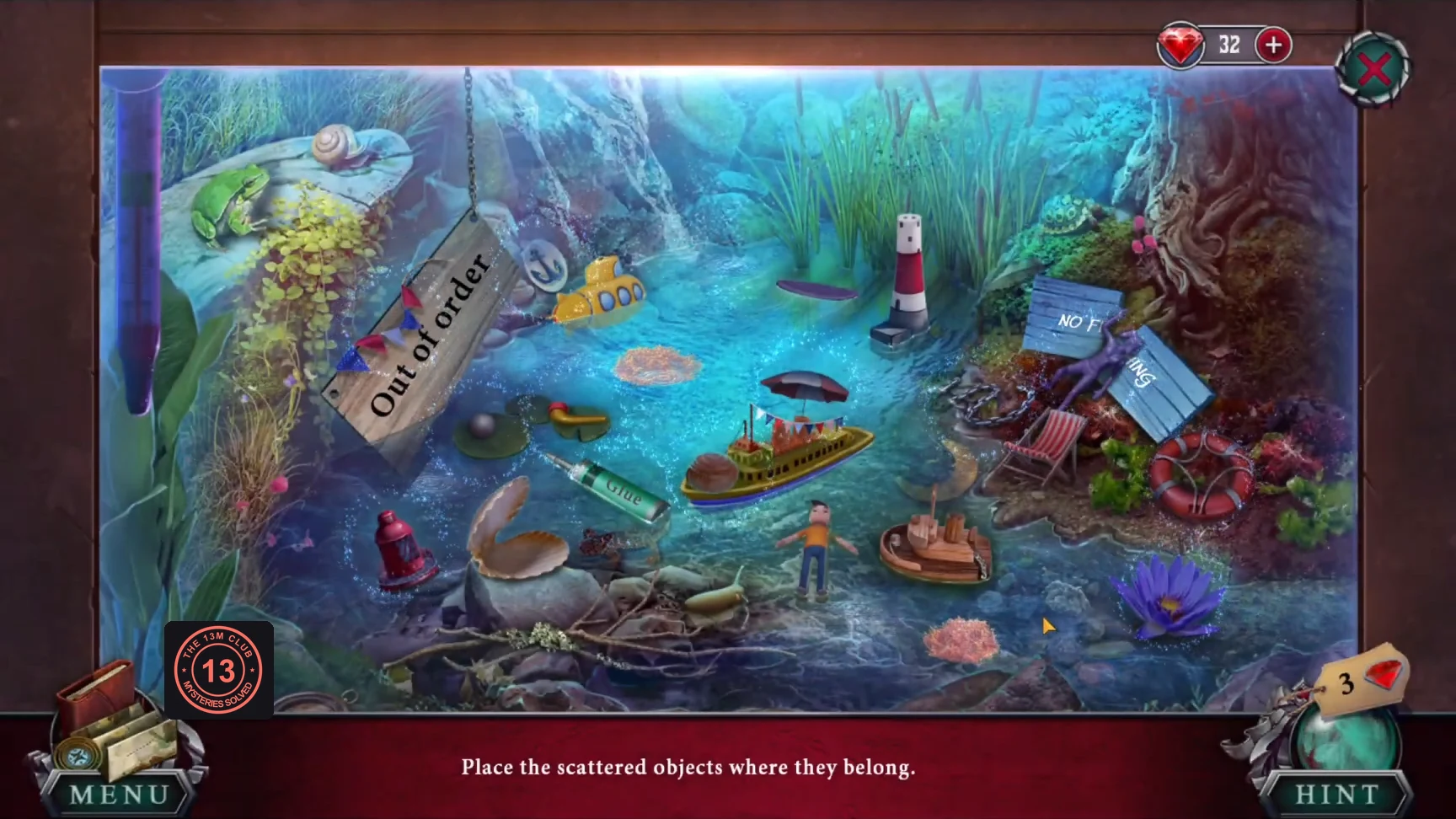 Aquarium scene with objects scattered over it