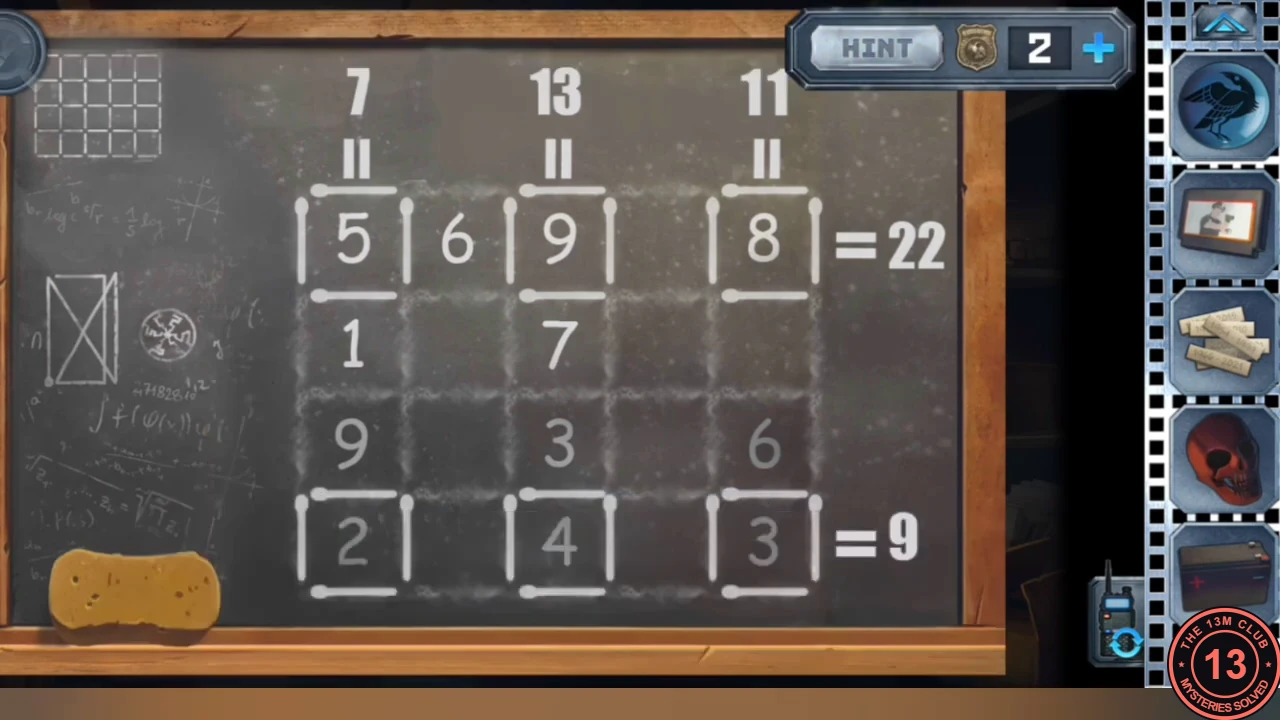 Solved blackboard with boxes kept around 5, 9 and 8 in the top row and 2, 4 and 3 in the bottom row, column totals 7, 13 and 11, and the limb-order drawing at the left