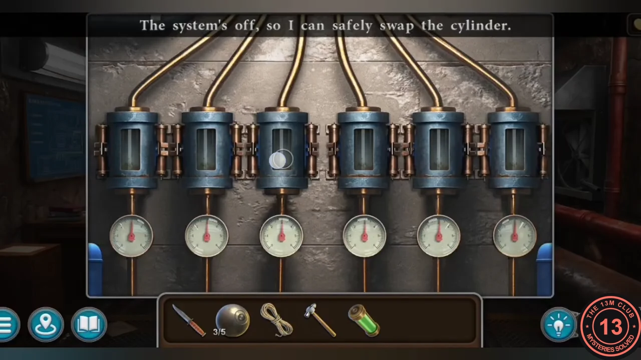 Gas manifold in the ventilation room with six cylinders and pressure gauges