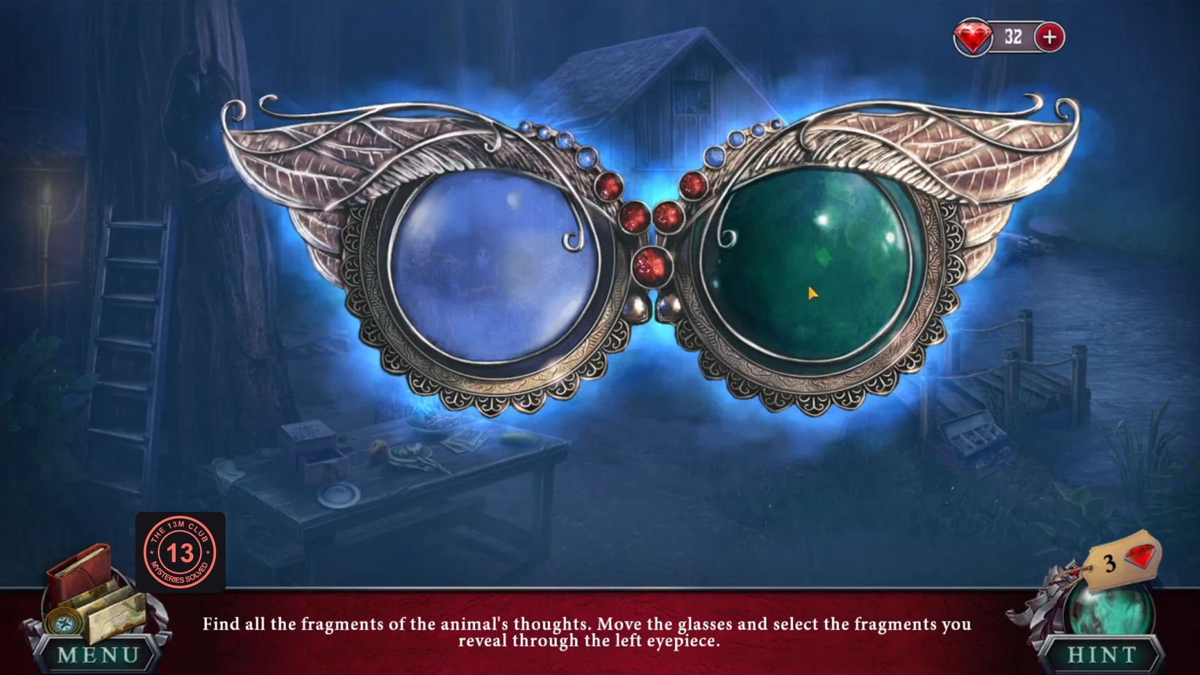 Artifact glasses over the village by the lake, with the ladder, table and jetty around them, both eyepieces still empty