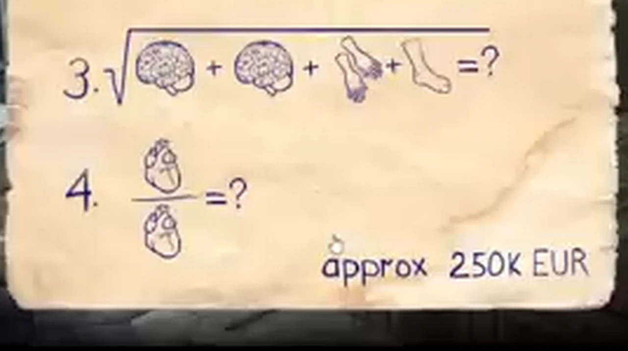 Bottom half of the organ plan note: equation 3, the square root of brain plus brain plus pair of hands plus foot, and equation 4, heart over heart, with approx 250K EUR