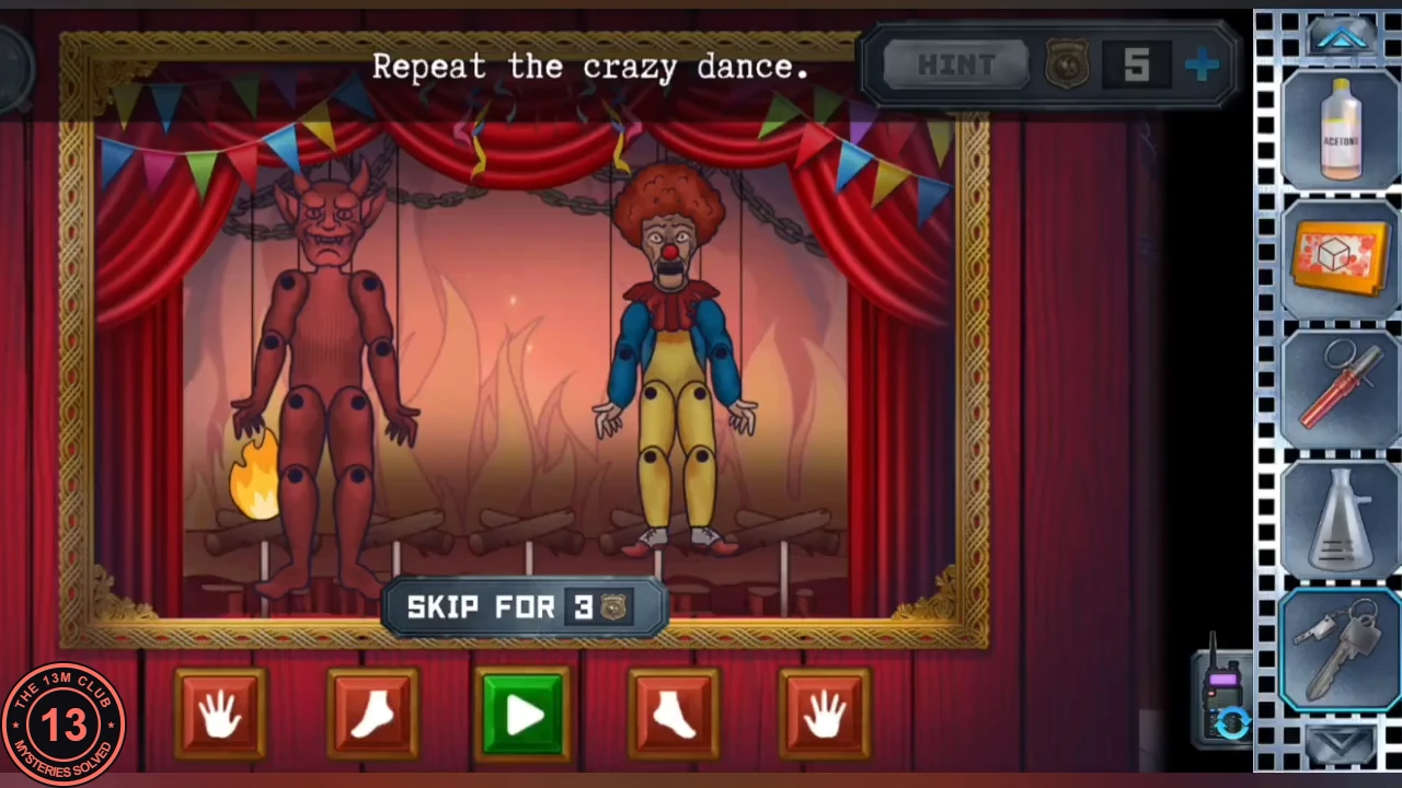 Puppet theatre with a red devil puppet and a clown puppet on strings, one small flame at the devil's feet, and five buttons below: hand, foot, play, foot, hand; instruction 'Repeat the crazy dance.'