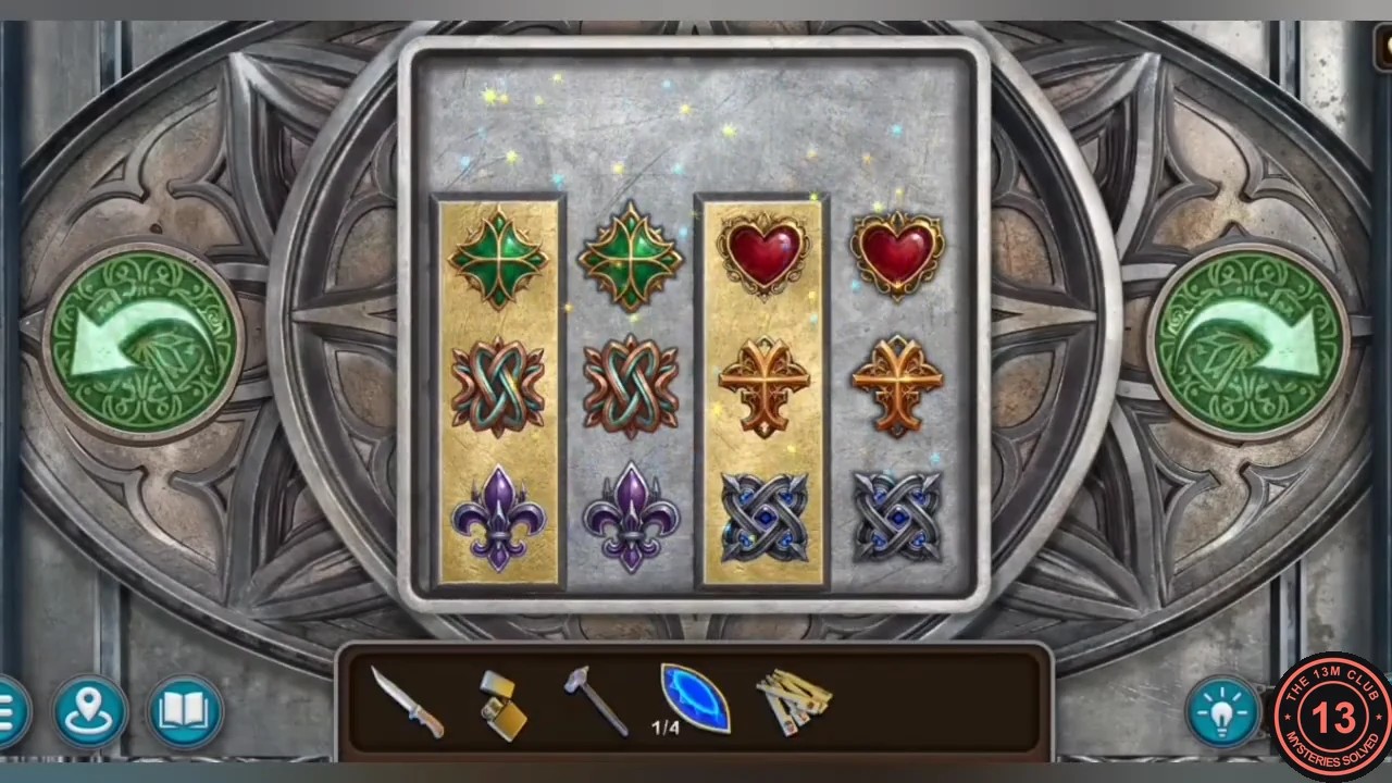 Solved church door panel: each loose tile stands directly beside the identical symbol in a gold bar