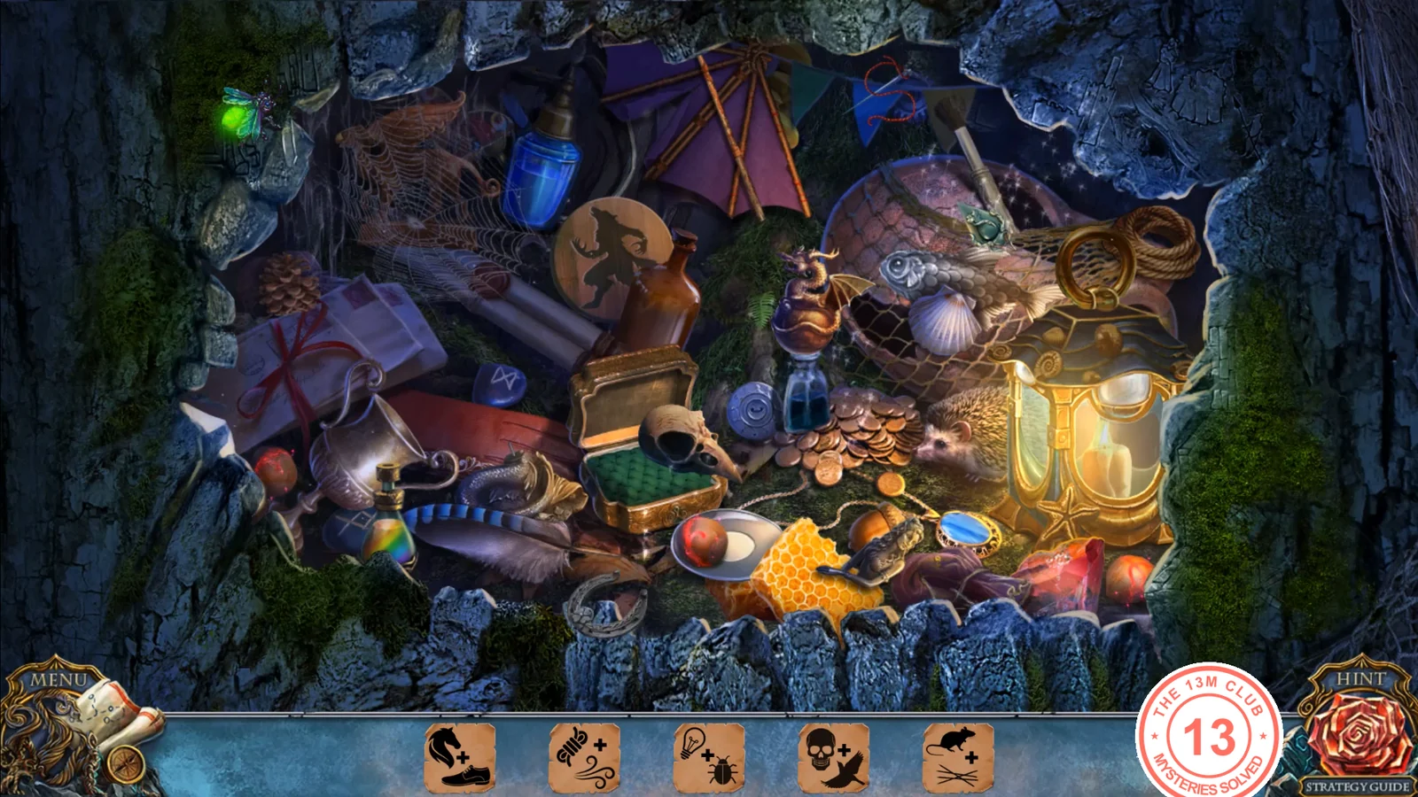 The hollow with new objects and two-picture clue cards (horse + shoe, bulb + beetle) in the bottom bar