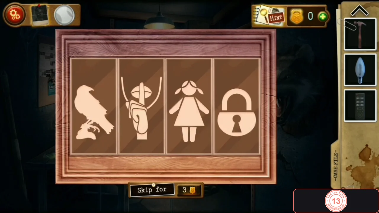 Desk box squares set to raven, hushing figure, doll and padlock