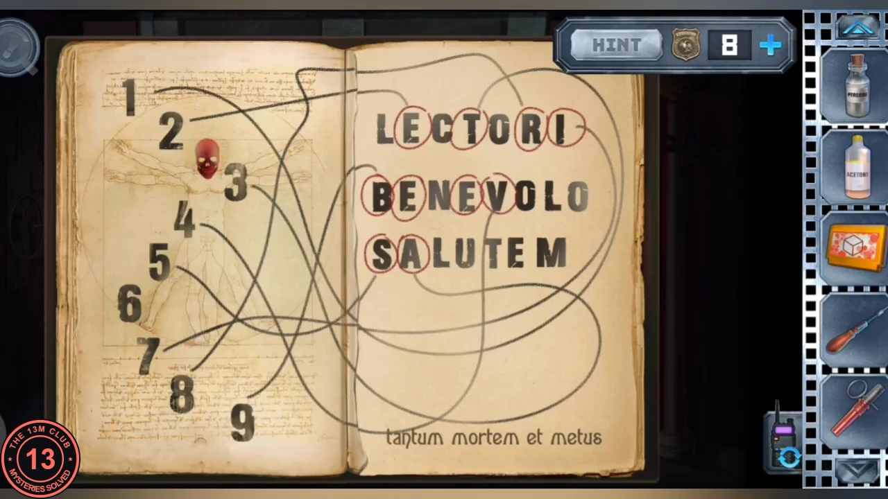 Open book: digits 1 to 9 on the left page beside a Vitruvian-man drawing with the red skull, tangled lines running to circled letters in LECTORI BENEVOLO SALUTEM on the right page, 'tantum mortem et metus' at the bottom