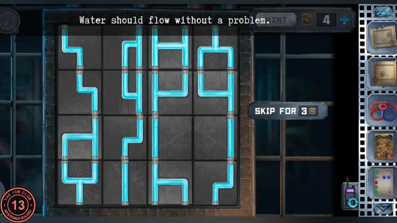 The pipe grid with all tiles glowing bright blue as water runs through a connected path from top to bottom