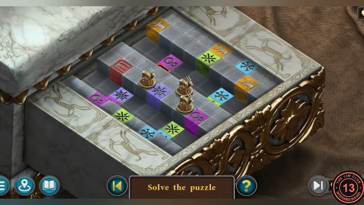 Diana pedestal puzzle: three bronze stags on a stepped grid of grey and coloured symbol blocks with three gold blocks