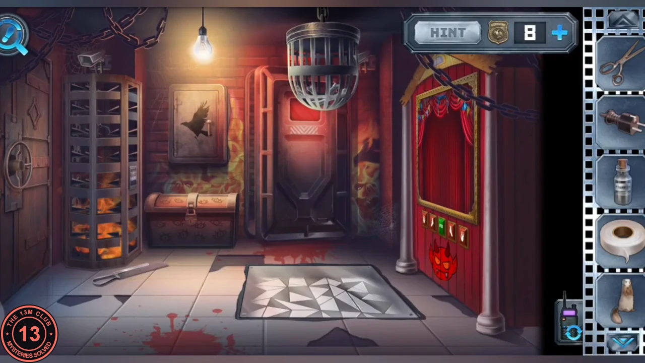 Furnace room: a fire cage with flames at the left, a chest with eye patterns, a hanging cage over a shattered glass floor panel, a red puppet theatre at the right and a knife lying on the floor