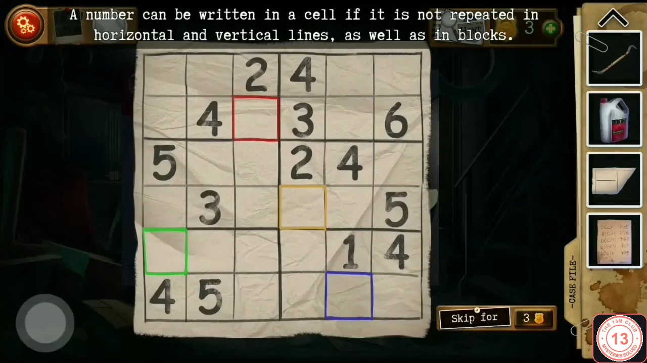 Paper 6x6 number grid with a few printed digits and four empty framed cells in red, orange, green and blue