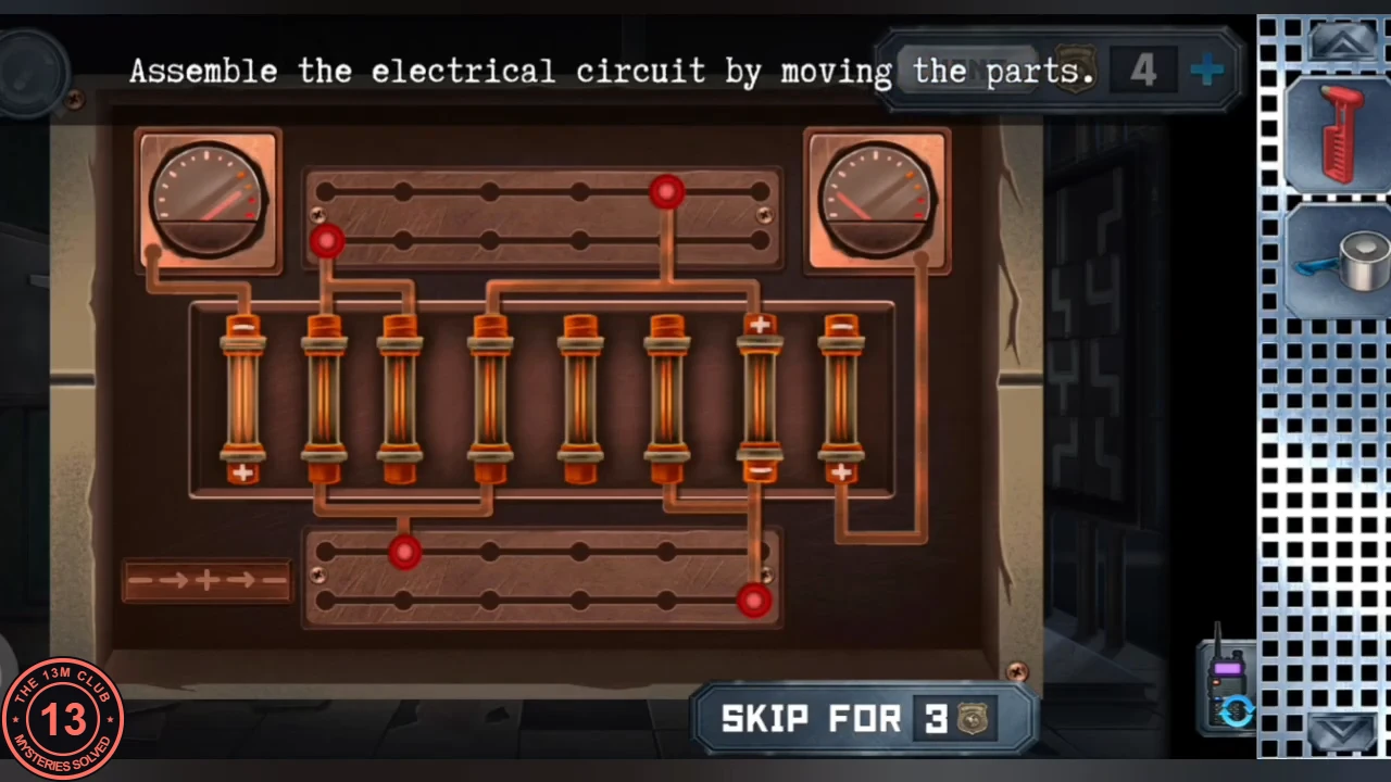Floor circuit under the broken glass: two gauges at the top corners, eight glass fuse tubes in a row, and two slider rails above and below with red contacts, instruction text at the top
