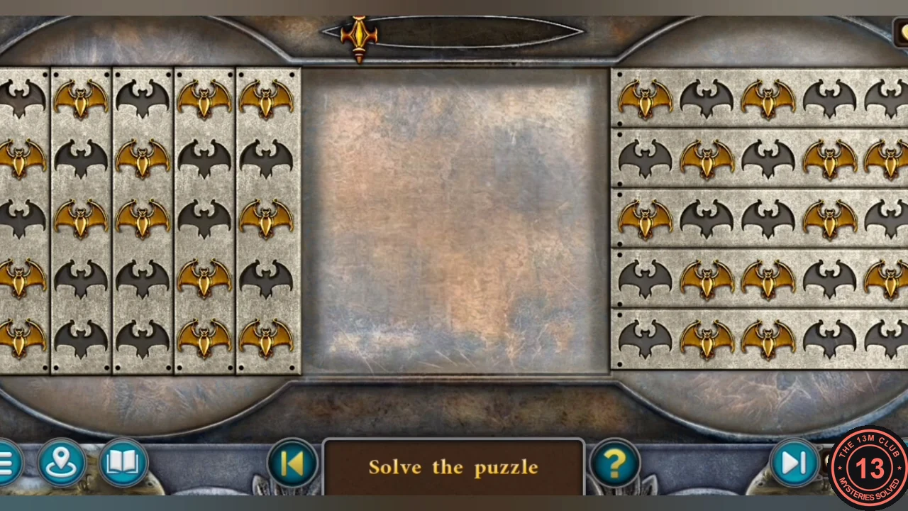 Solved bat panels: each row of the right panel is the exact gold-dark negative of the same row on the left