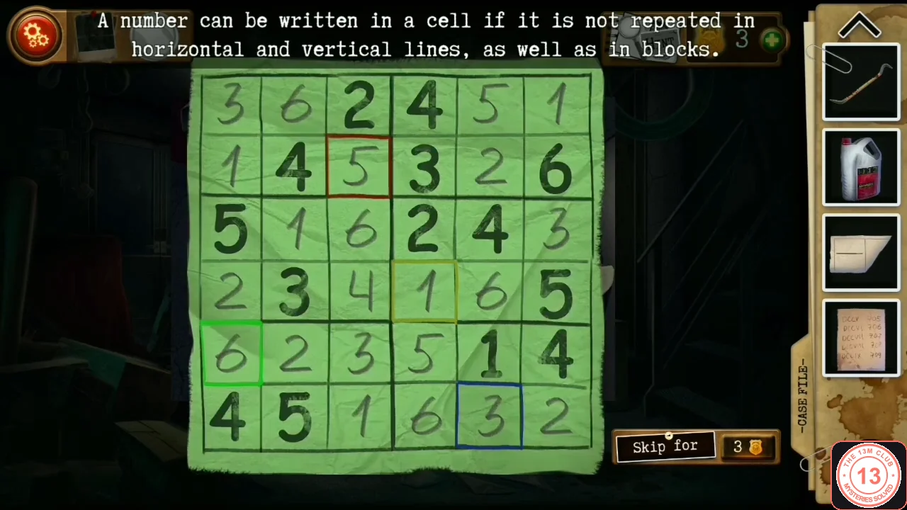 The completed 6x6 grid glowing green, with 5 in the red frame, 1 in the orange frame, 6 in the green frame and 3 in the blue frame