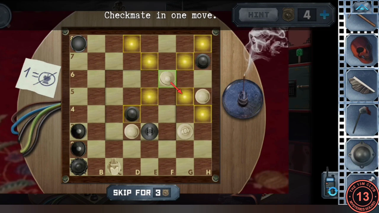 Second chess position with the white bishop on f6 selected, its diagonal squares highlighted, and a red arrow pointing to g5