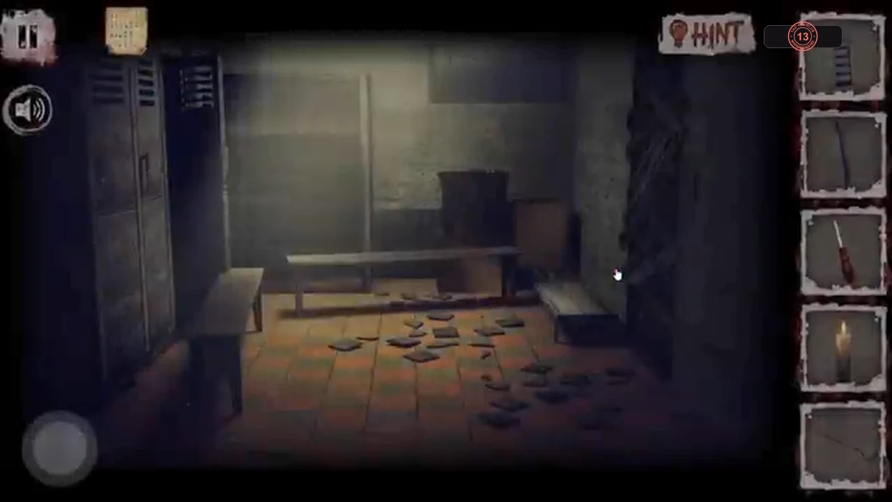 Dressing room with lockers and a bench, the doorway on the right wall blocked by crossed boards