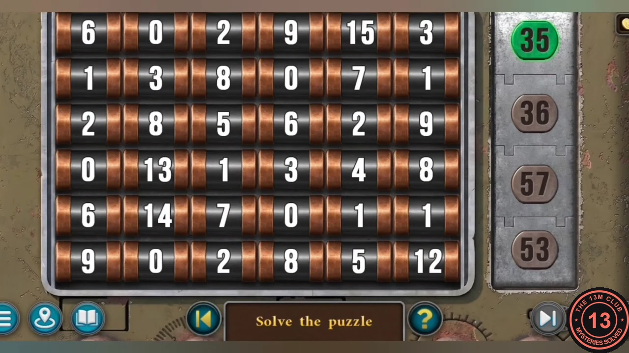 Number grid puzzle: a 6 by 6 grid of numbers beside four target counters 35, 36, 57 and 53