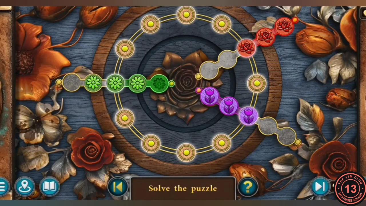 Solved rose box: green flowers on the left track, red roses on the upper-right track and purple tulips on the lower-right track