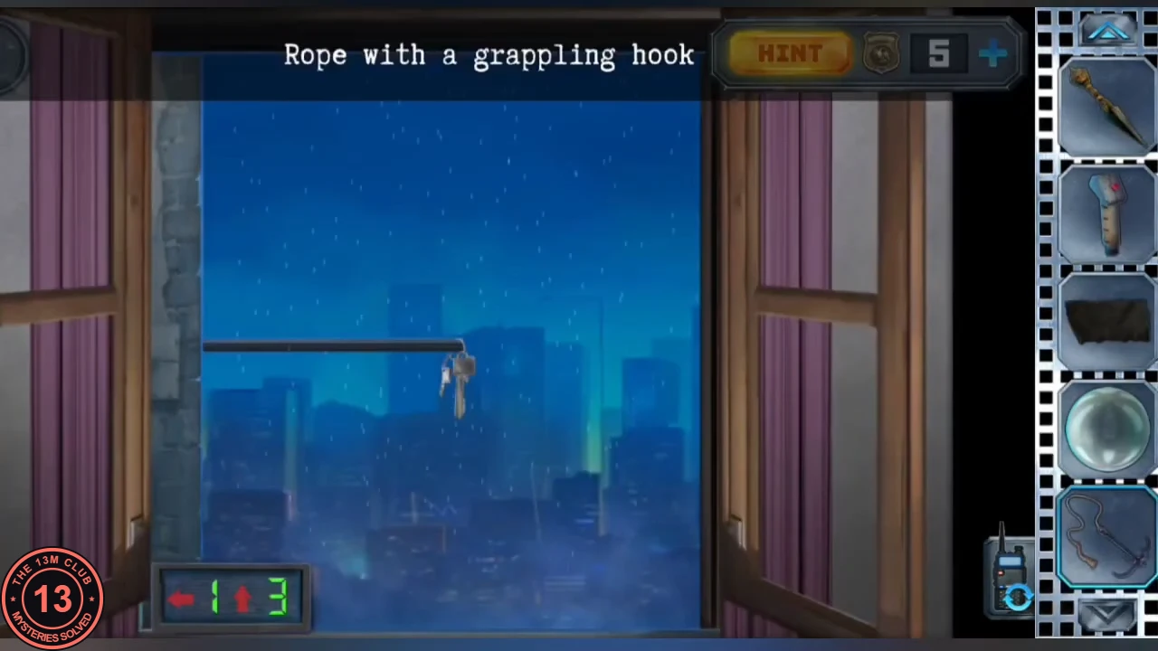 View from the purple-room window: keys hanging from a wire outside, the rope with a grappling hook selected in the inventory and the wind indicator at the bottom left reading left 1, up 3