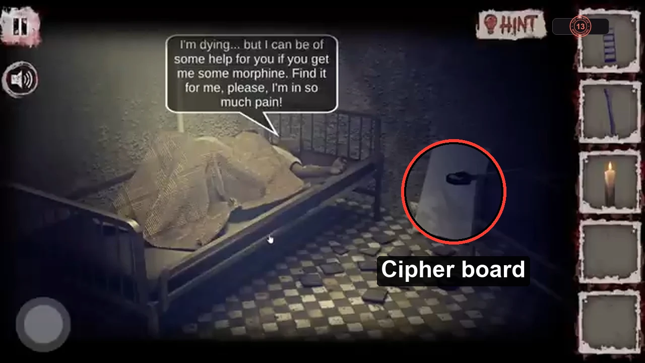 Patient room with the white cipher board to the right of the bed circled