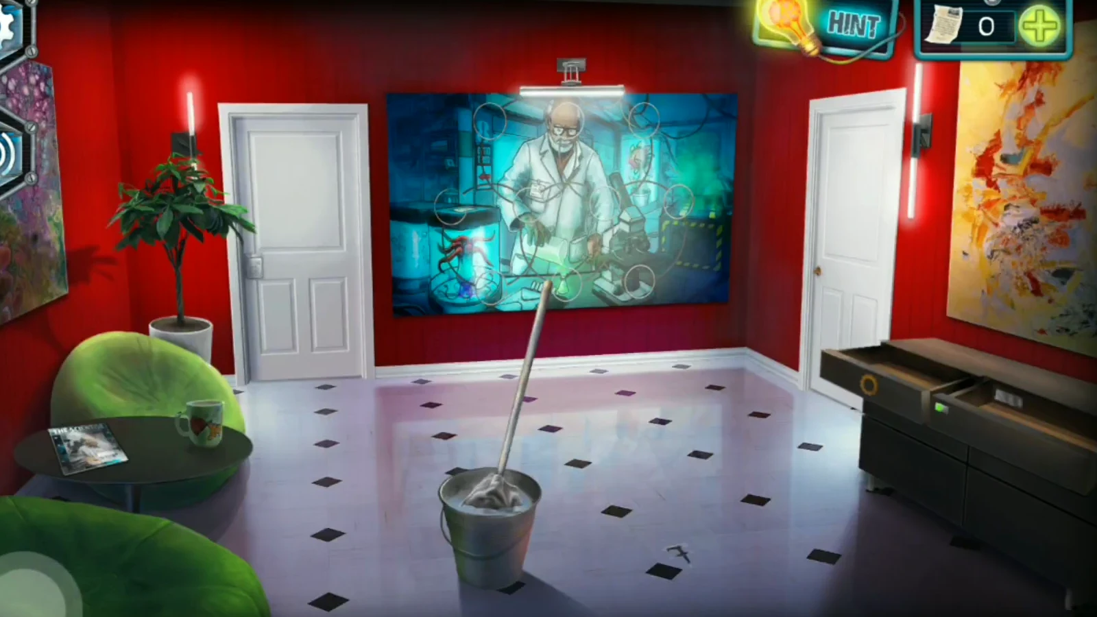 Entrance hall with the completed painting of the white-haired scientist in his laboratory