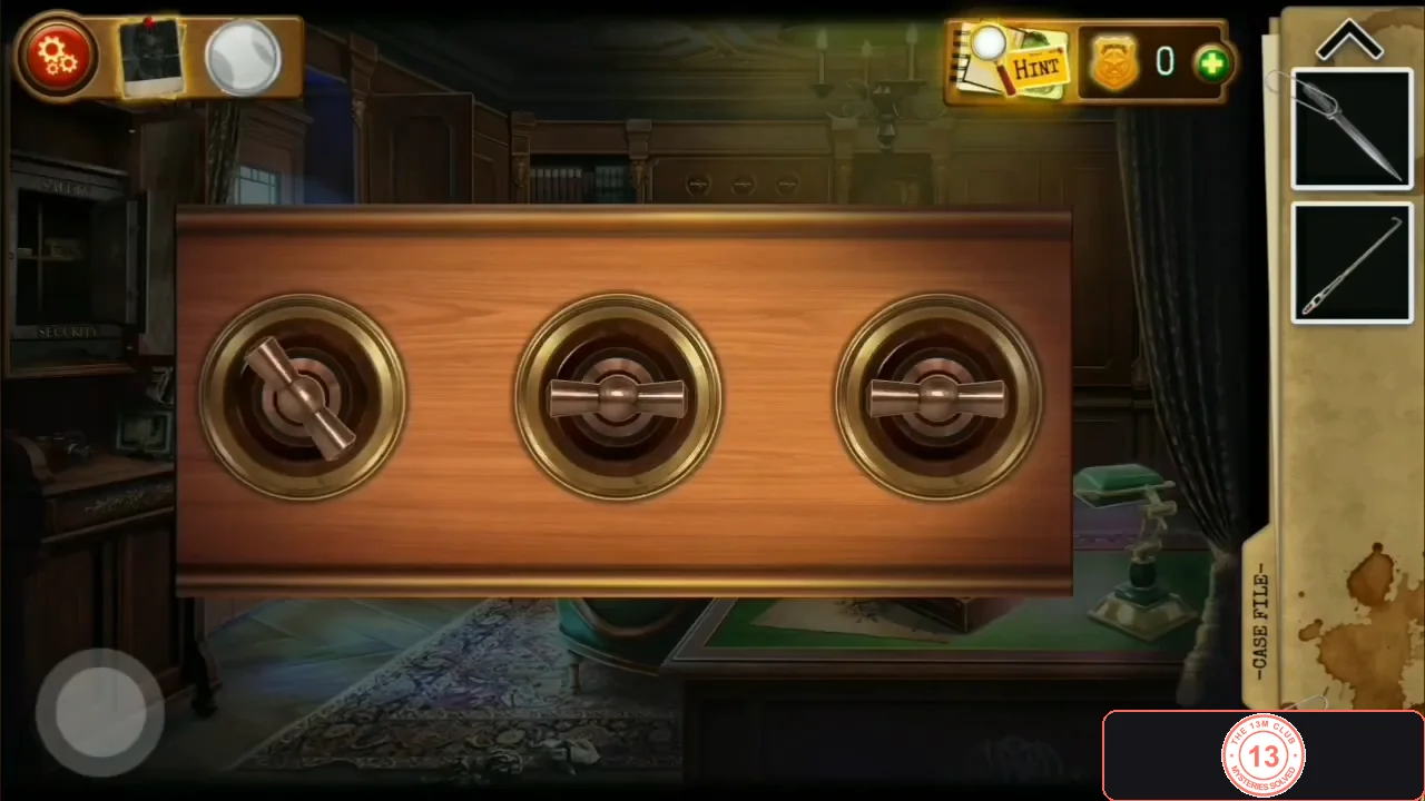 Wooden panel with three round brass dials, each with a line through its centre