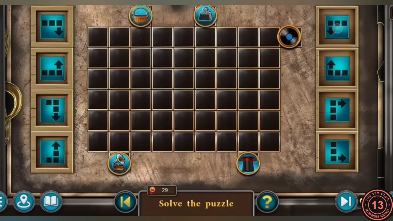 Piano grid puzzle with eight arrow buttons and four token receivers around the board