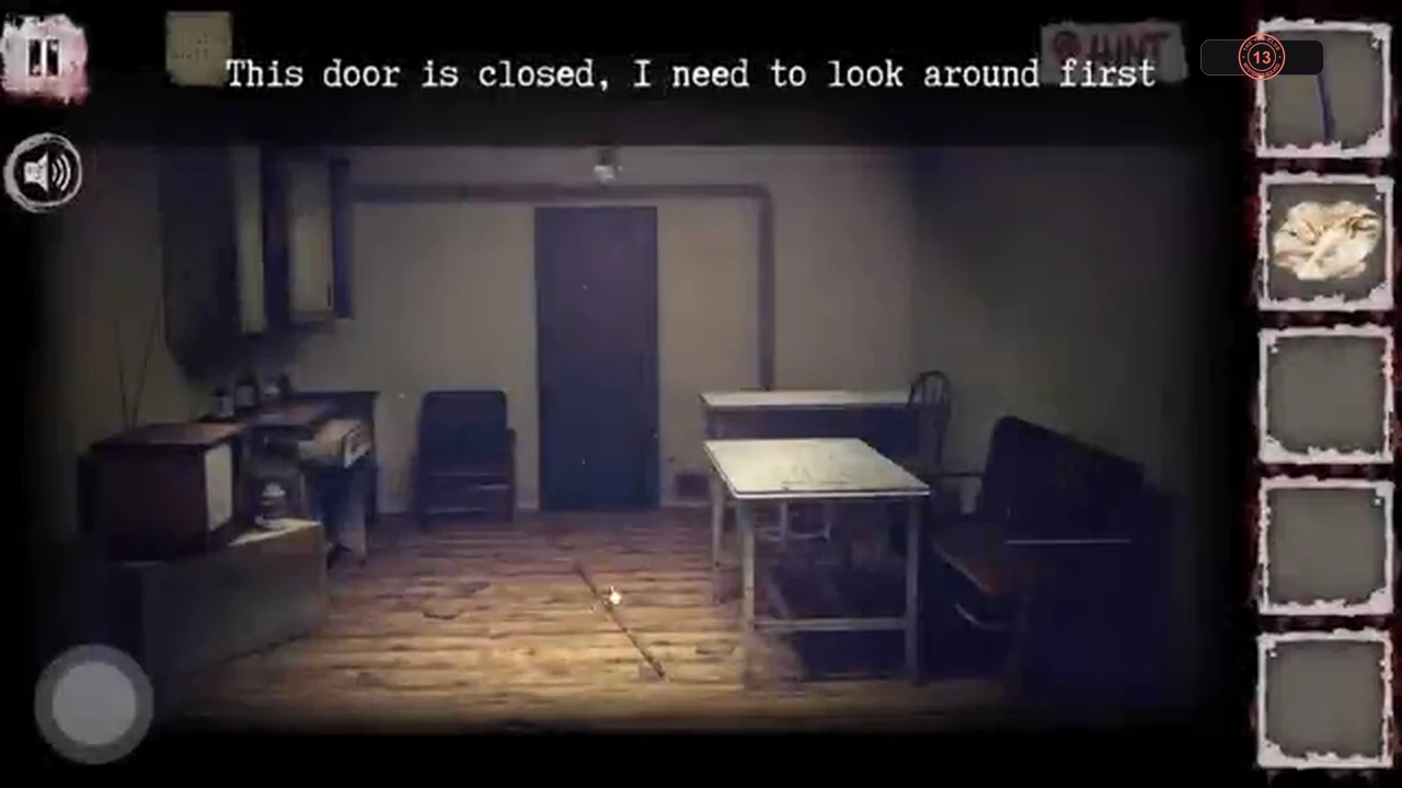 Room beyond the vent with a cabinet, TV, table, sofa and a closed door
