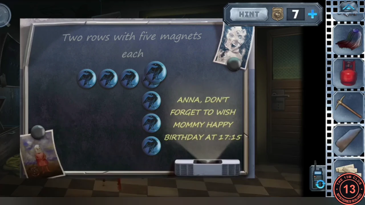 Blackboard titled 'Two rows with five magnets each' with raven magnets in a corner shape, one stacked on the corner, and a projected message 'Anna, don't forget to wish mommy happy birthday at 17:15'