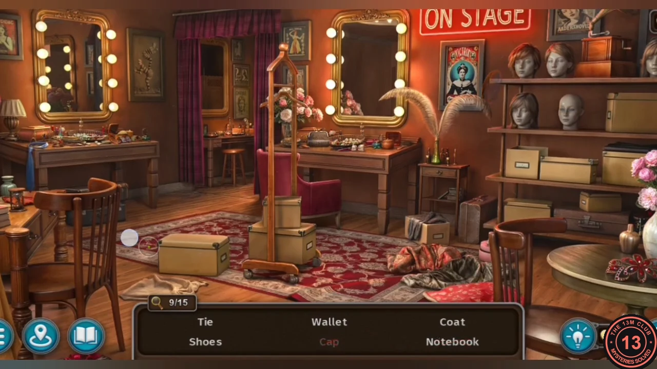 Dressing room find-the-objects scene with the item list at the bottom