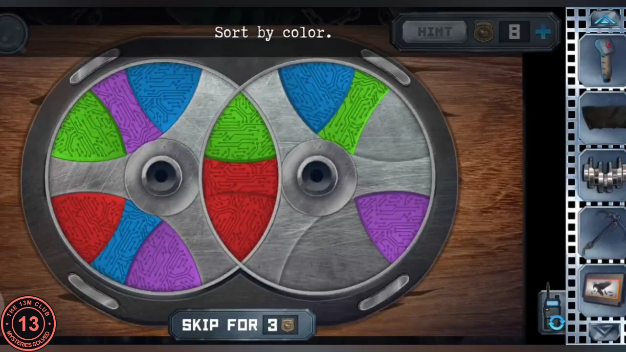 Two overlapping wheels with mixed purple, blue, green and red segments, including a green and a red segment in the shared middle, instruction 'Sort by color.'