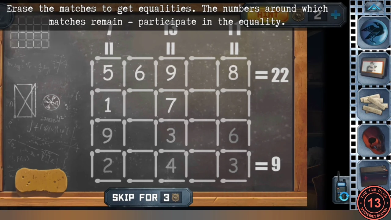 Blackboard grid of numbers surrounded by match-sticks with totals 22 and 9 on the right, a sponge, and a small stick-figure drawing at the left