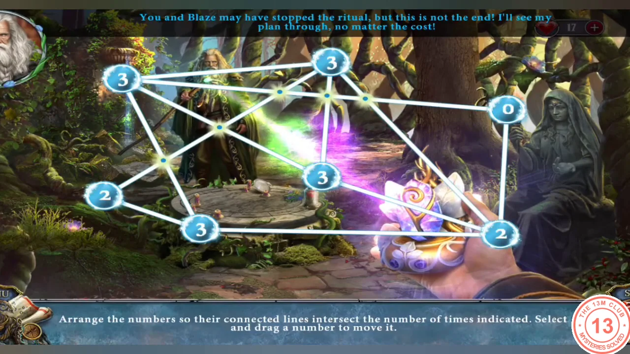 Tangled network of numbered nodes over the Sacred Grove, with Dakmor's taunt at the top