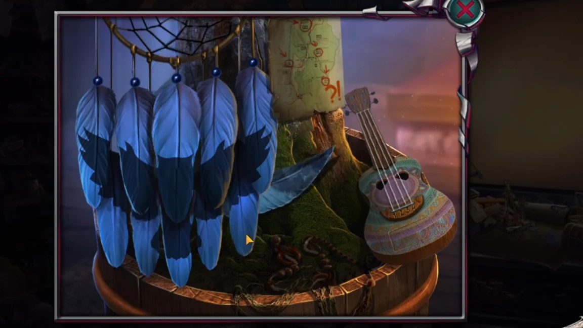 Blue feathers whose dark markings together form an owl with spread wings