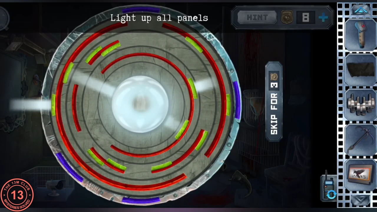 Disco light puzzle: a bright light in the centre surrounded by red and green ring segments, purple panels on the rim, instruction Light up all panels