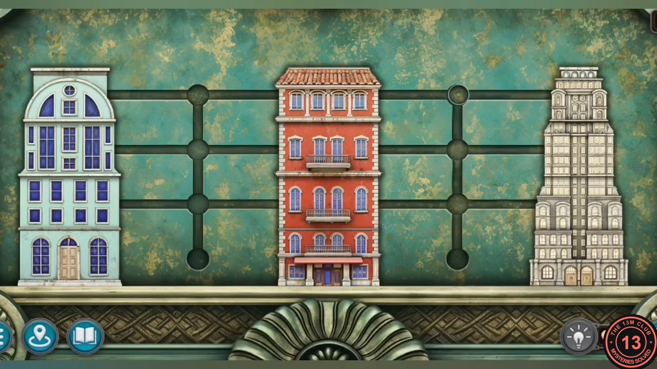Solved building puzzle with three stacked buildings on the bottom bases