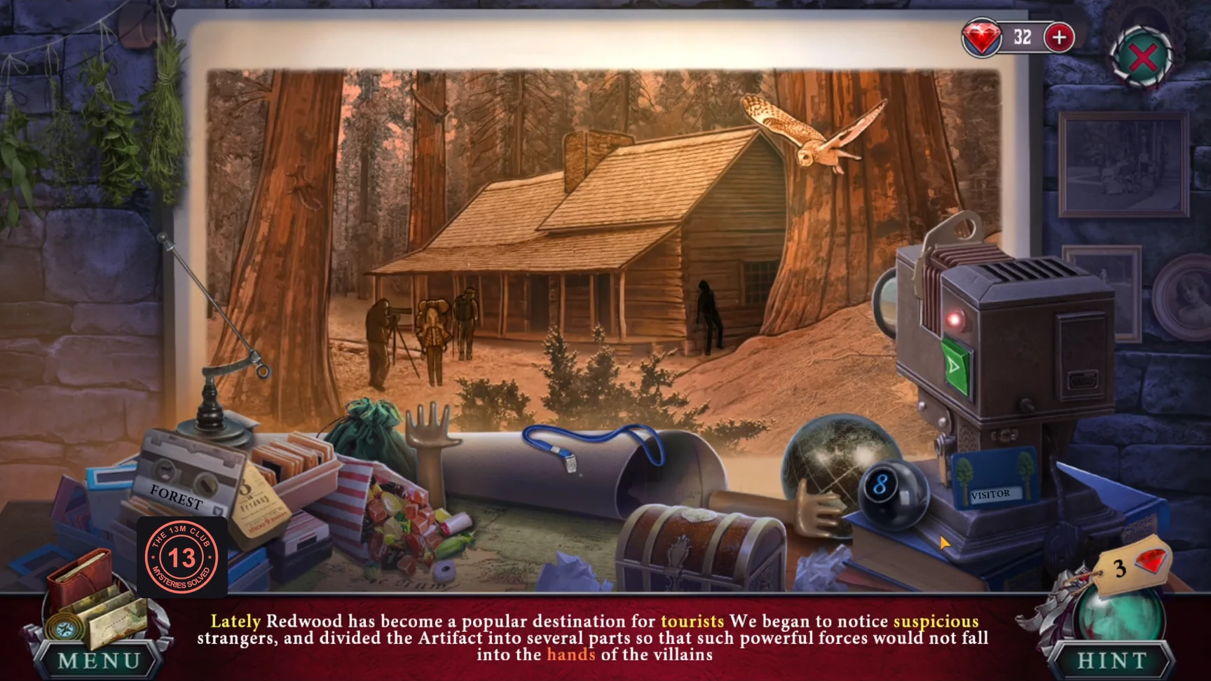 Projected slide of a cabin scene with the story text and highlighted words below