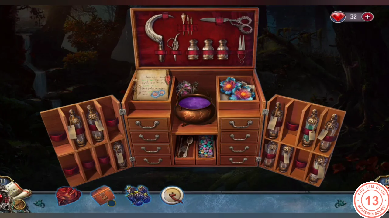 Open small chest with the recipe, a bowl of purple potion base, drawers and the blue flowers