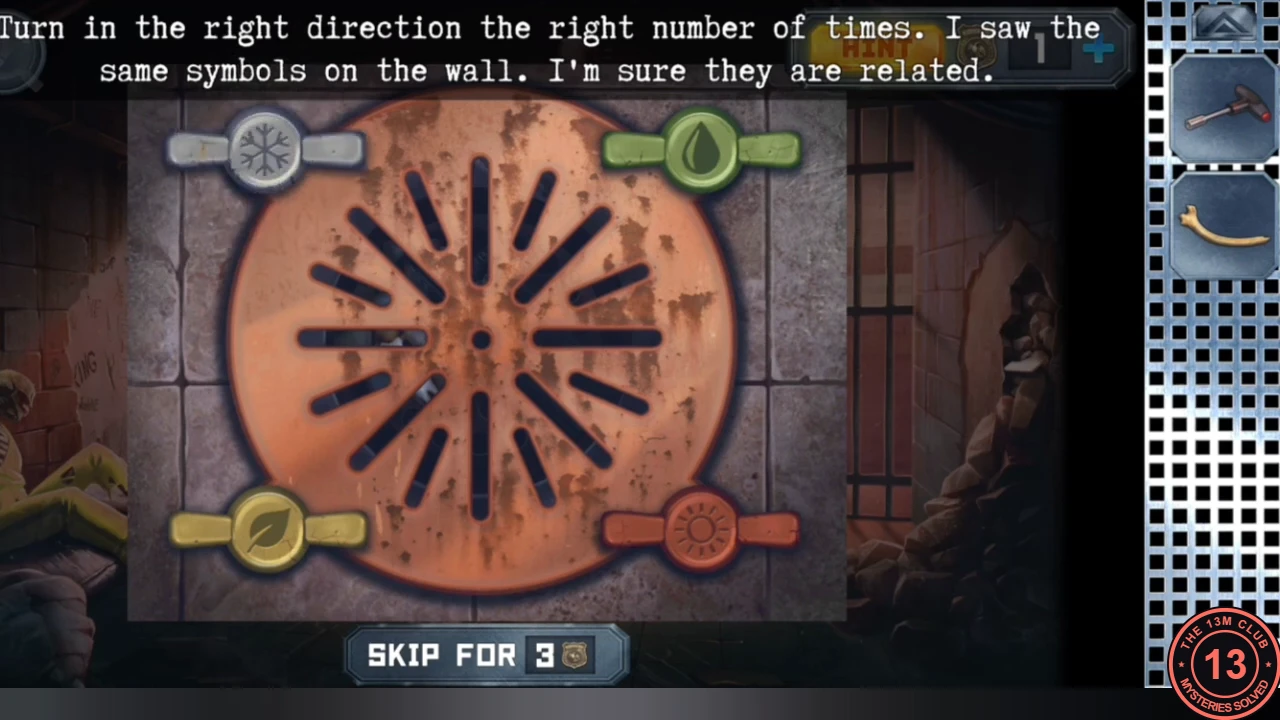 Floor drain puzzle in Alex's cell with four valves marked snowflake, droplet, leaf and sun around a rusty grate, with the instruction text above