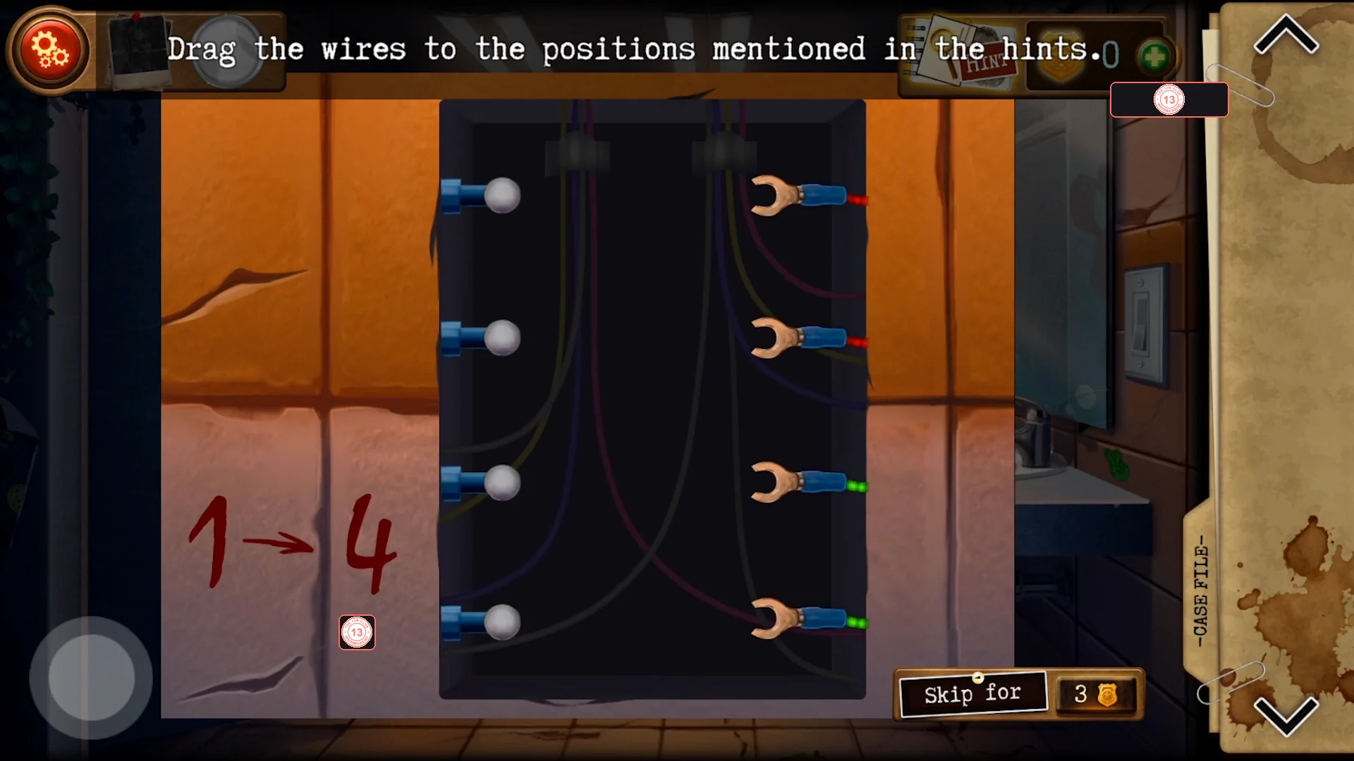 Open light-switch box with four blue terminals on the left, two red and two green wire ends on the right and the red hint 1 -> 4 written on the wall beside it