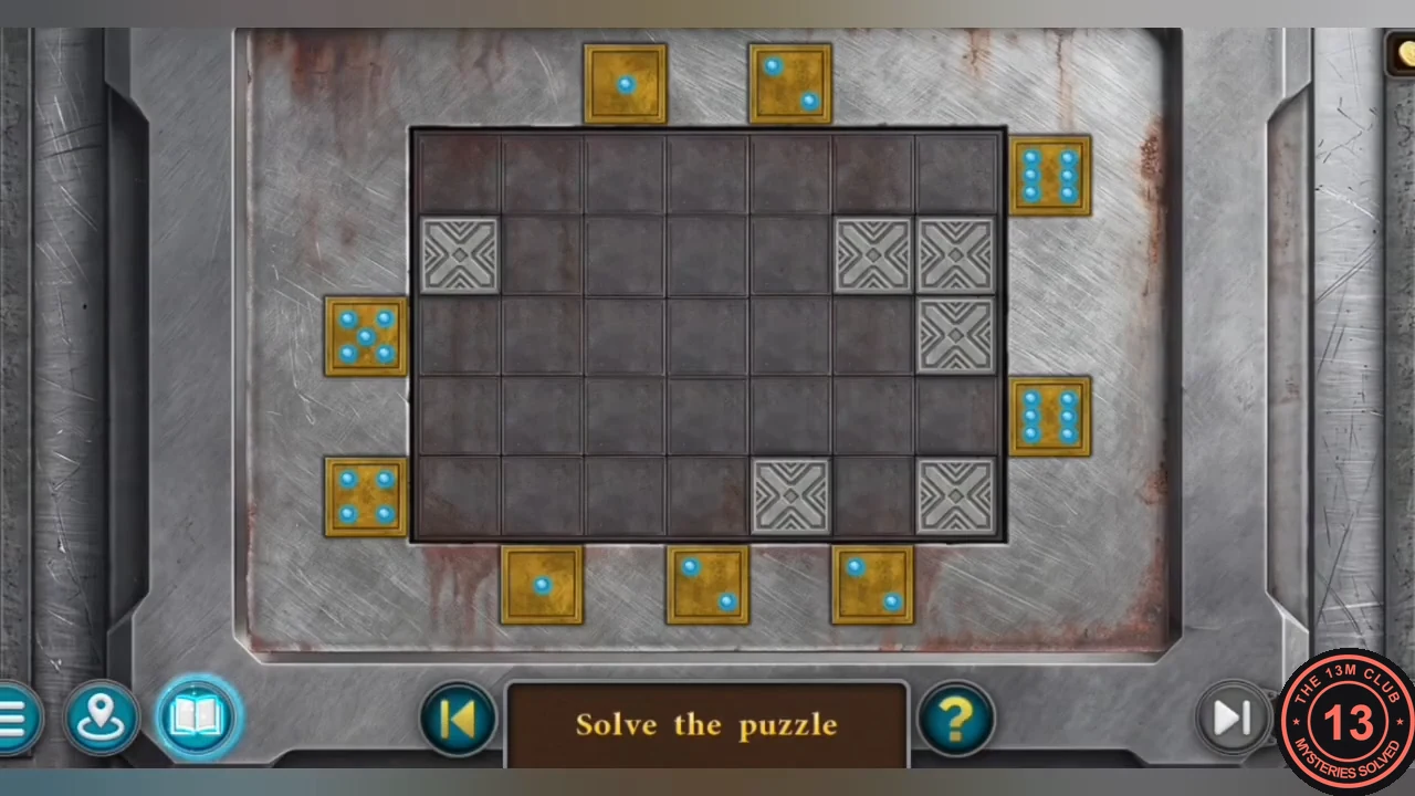 Dice case puzzle: a 7 by 5 grid with X-blocked cells and dice placed around its edges