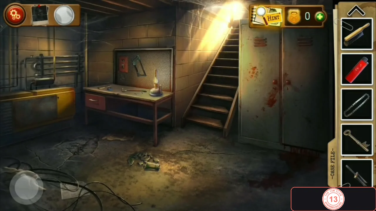 Dim cellar lit by an oil lamp on a workbench, with a yellow machine on the left, a pegboard, stairs up to the yard and blood-stained lockers on the right